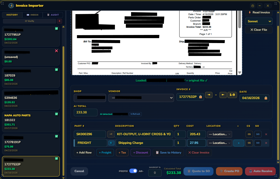 Invoice Importer - Live parse with line items